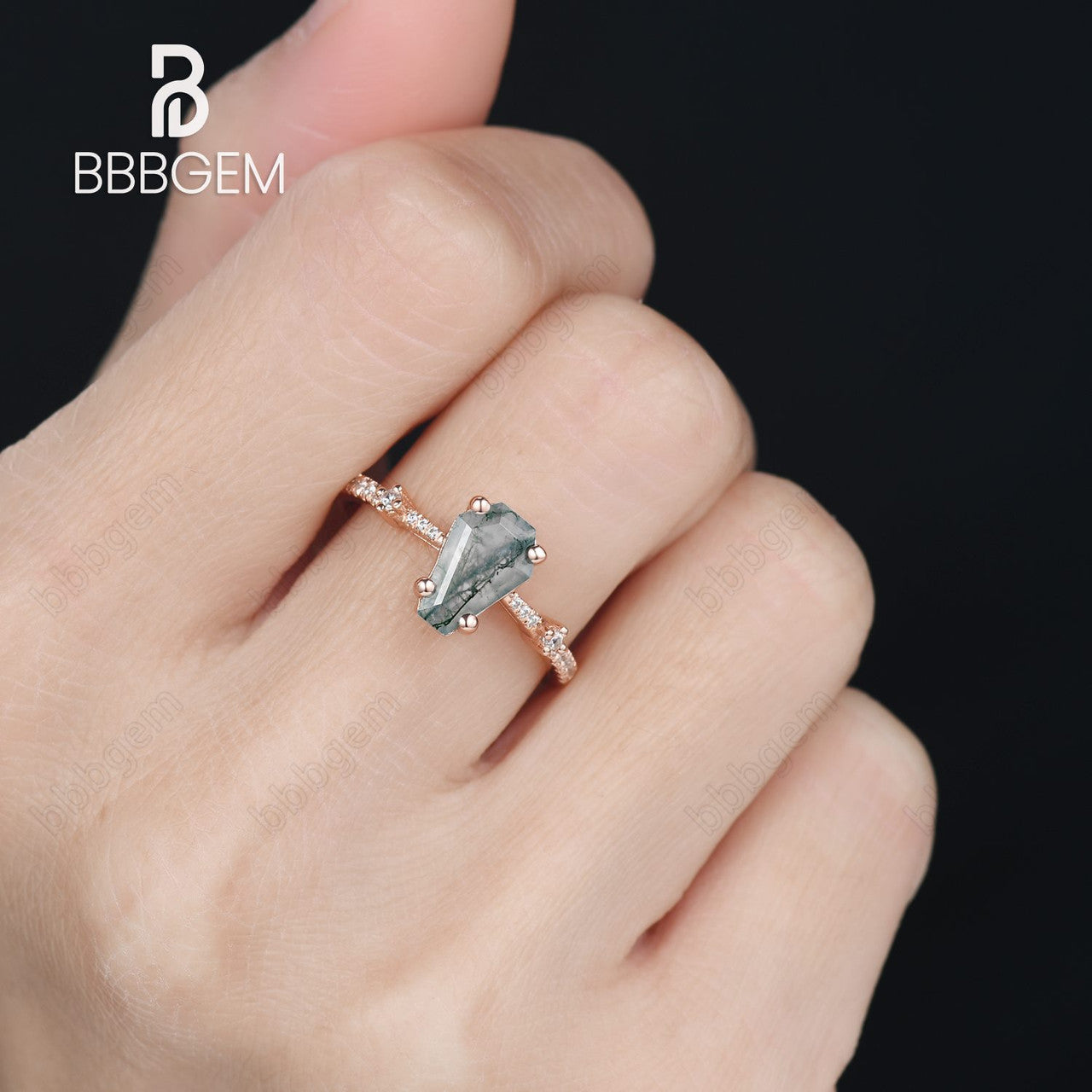 Coffin Shape Natural Moss Agate Ring-Vintage 14K Rose Gold coffin cut Moissanite Ring Unique Tapered Stacking Band with Accents