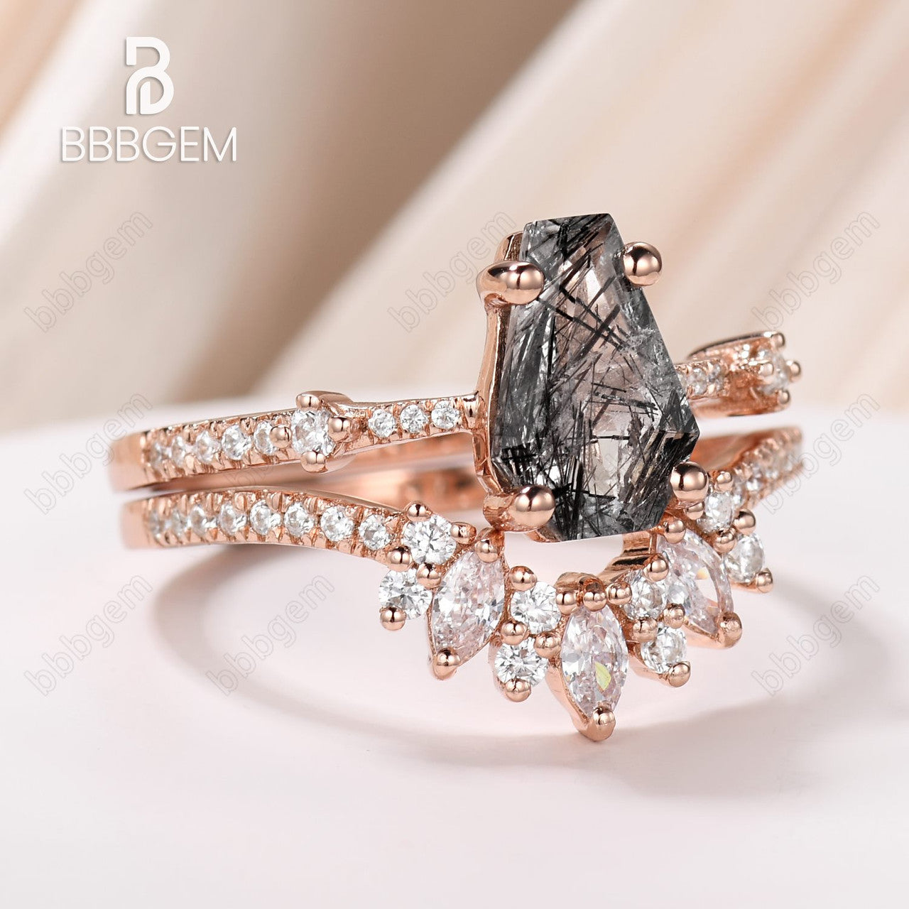 Dark Night Black Coffin Cut Wedding Ring Set Natural Rutilated Quartz Promise Bridal Set