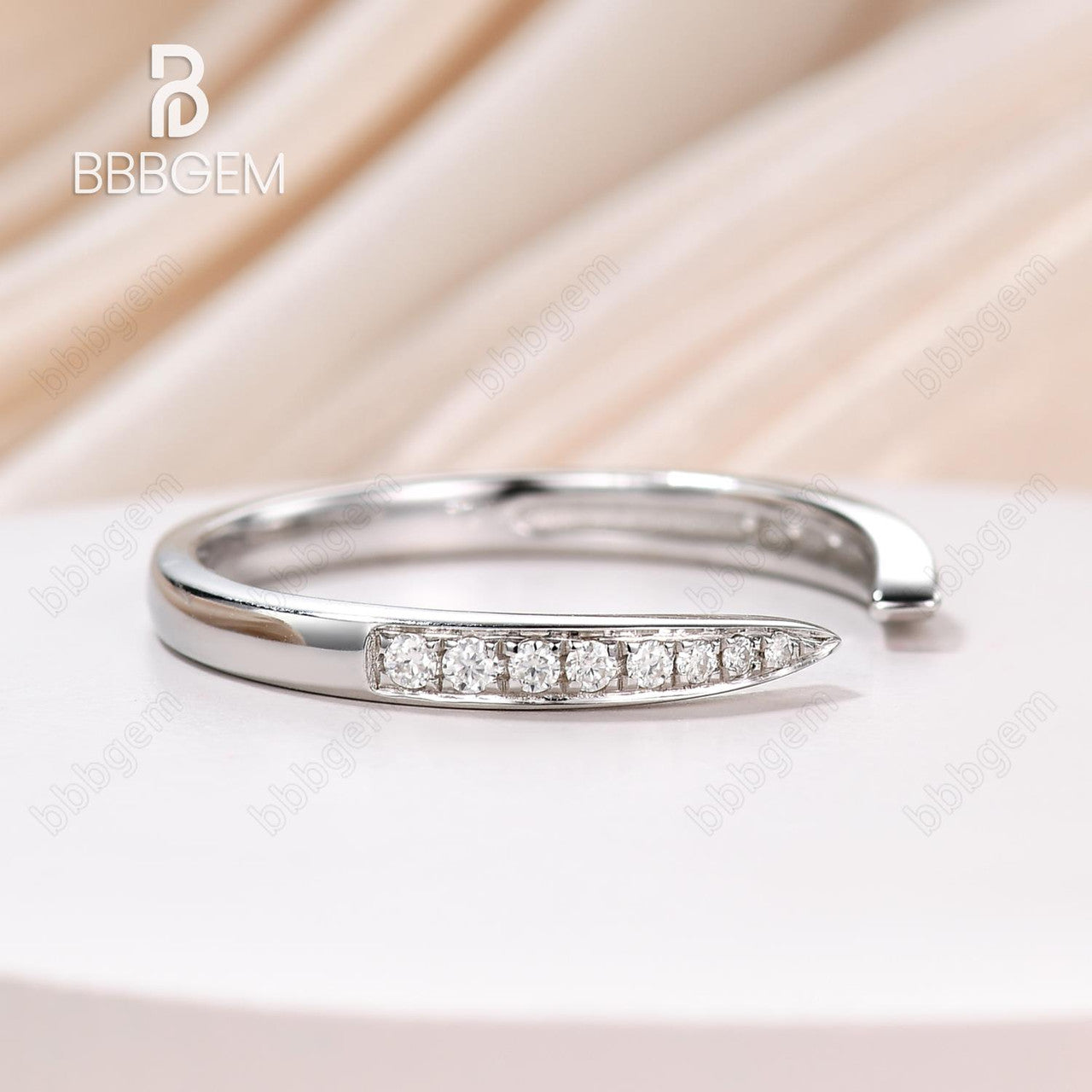 Contemporary Tapered Wedding Ring In Sterling Silver 18k White Gold Plated - Open Gap Tapered Dimond Band-BBBGEM Open Stacking Ring
