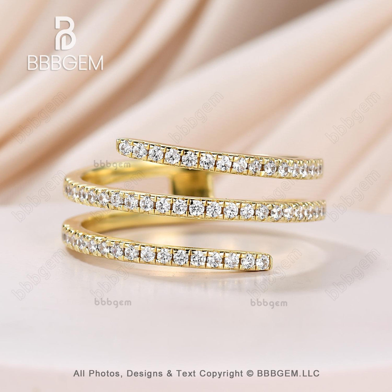 Diamond Coil Ring-Silver Rings For Women Wrap Spiral Ring-Moissanite Finger Wrap Ring-Diamond Open Cocktail Ring -Swirl Ring Yellow Gold-BBBGEM