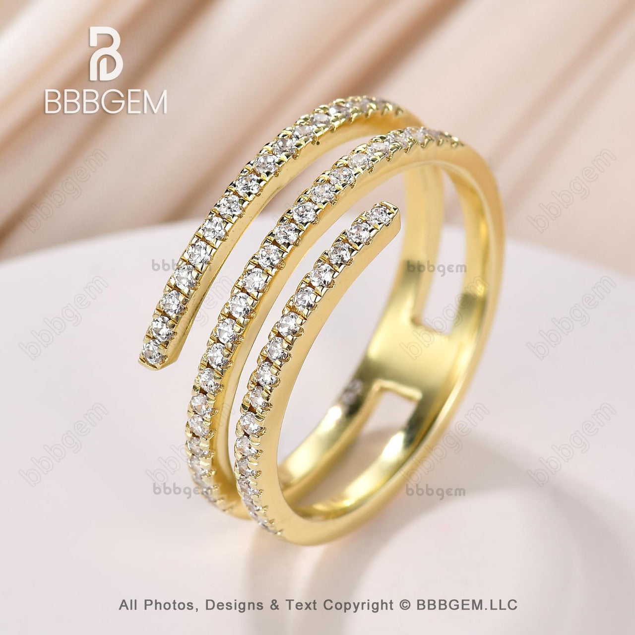 Diamond Coil Ring-Silver Rings For Women Wrap Spiral Ring-Moissanite Finger Wrap Ring-Diamond Open Cocktail Ring -Swirl Ring Yellow Gold-BBBGEM