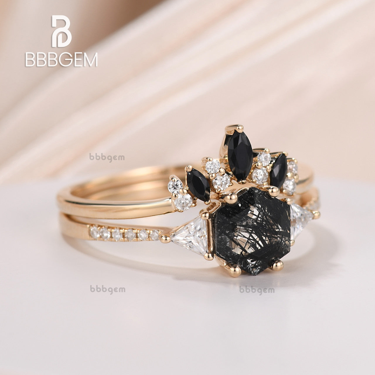 Hexagon Black Rutilated Quartz With Triangle Moissanite Side Stone Ring Set-Yellow Gold Black Rutilated Quartz Ring Set Black Spinel band