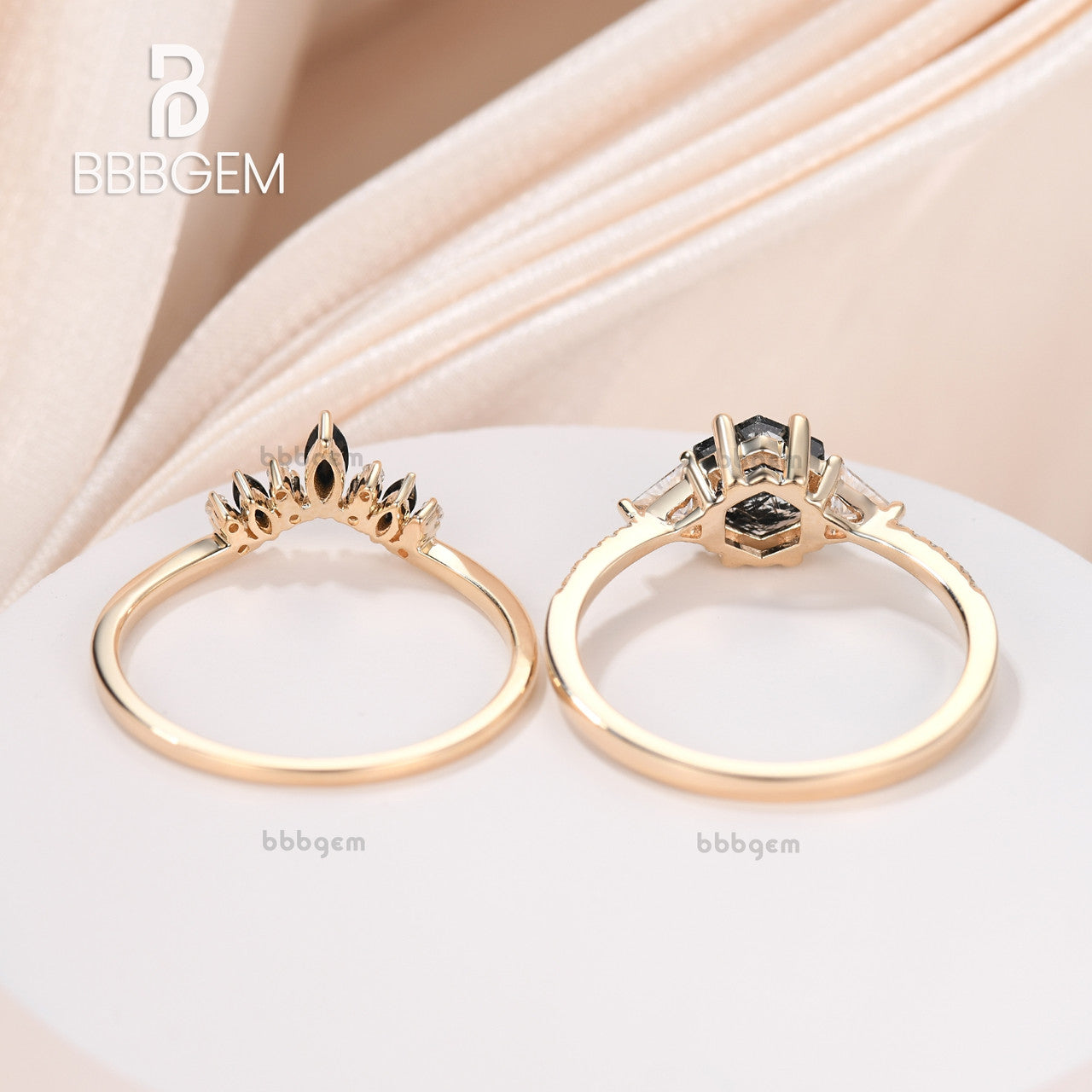 Hexagon Black Rutilated Quartz With Triangle Moissanite Side Stone Ring Set-Yellow Gold Black Rutilated Quartz Ring Set Black Spinel band