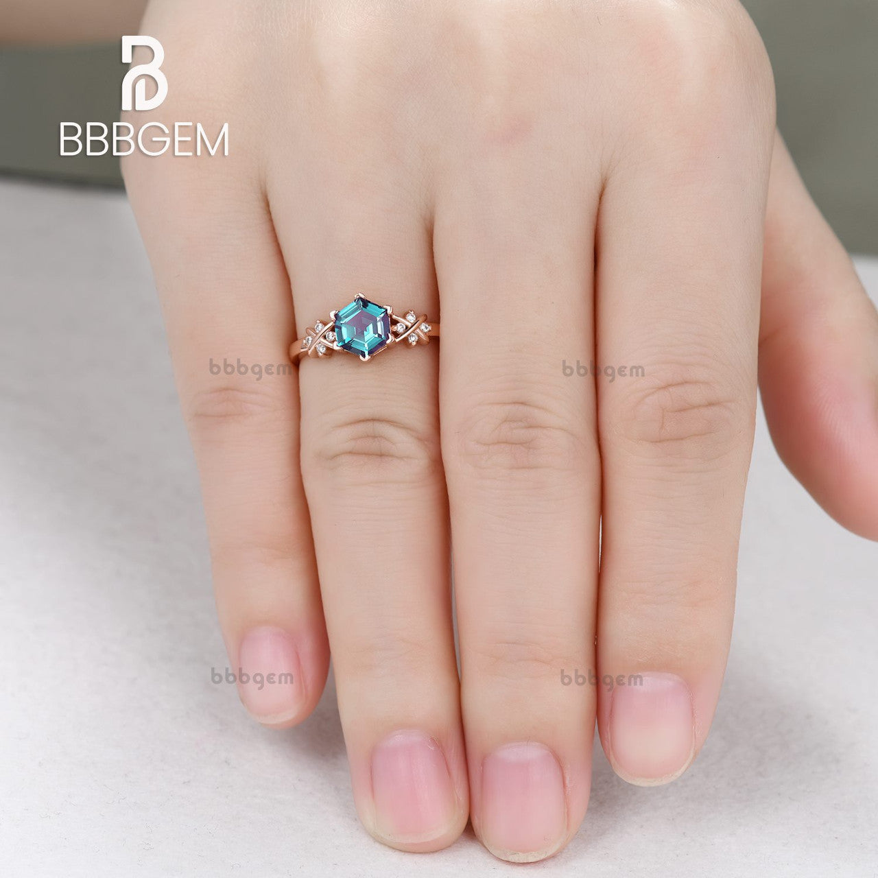 Hexagon Cut Lab Alexandrite 14K Rose Gold Diamond Engagement Ring-Rose Gold Lab Alexandrite Wedding Ring Set-BBBGEM 