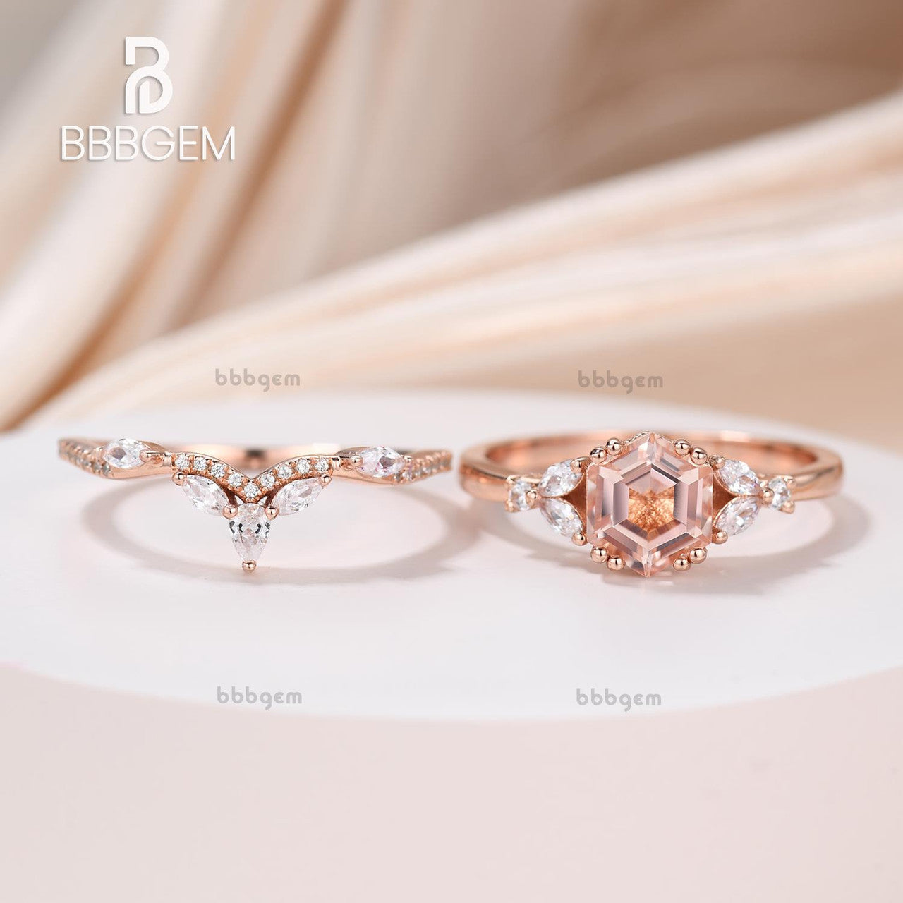 Hexagon Cut Peach Morganite Engagement Ring Rose Gold Bridal Anniversary Ring Set