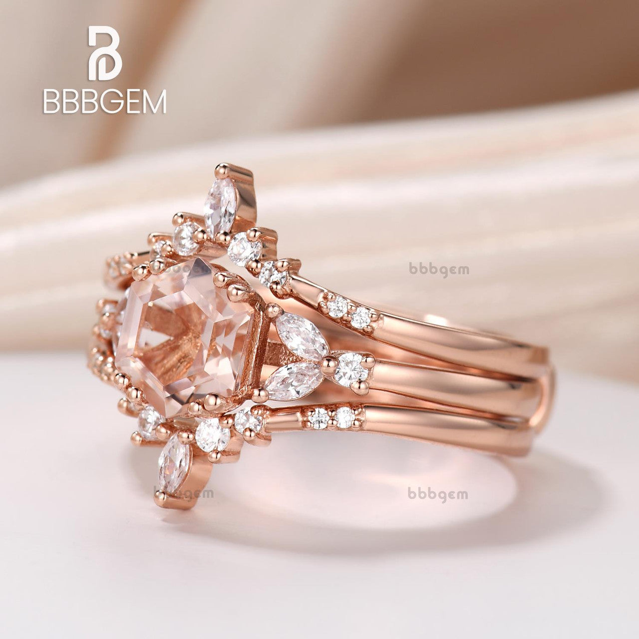 Hexagon Morganite Engagement Ring Set-Enhancer Ring for Hexagon Gemstone-Diamond Ring Wraps & Enhancer Ring Set-bbbgem