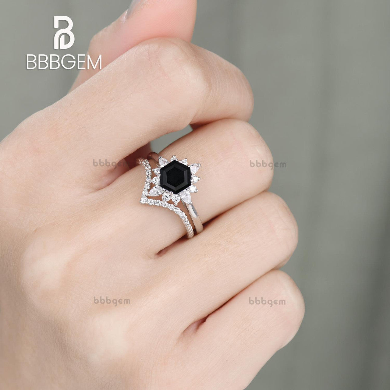 Hexagon Black Onyx Engagement Ring Set Diamond Elongated Diamond Chervon Band in 14K White Gold