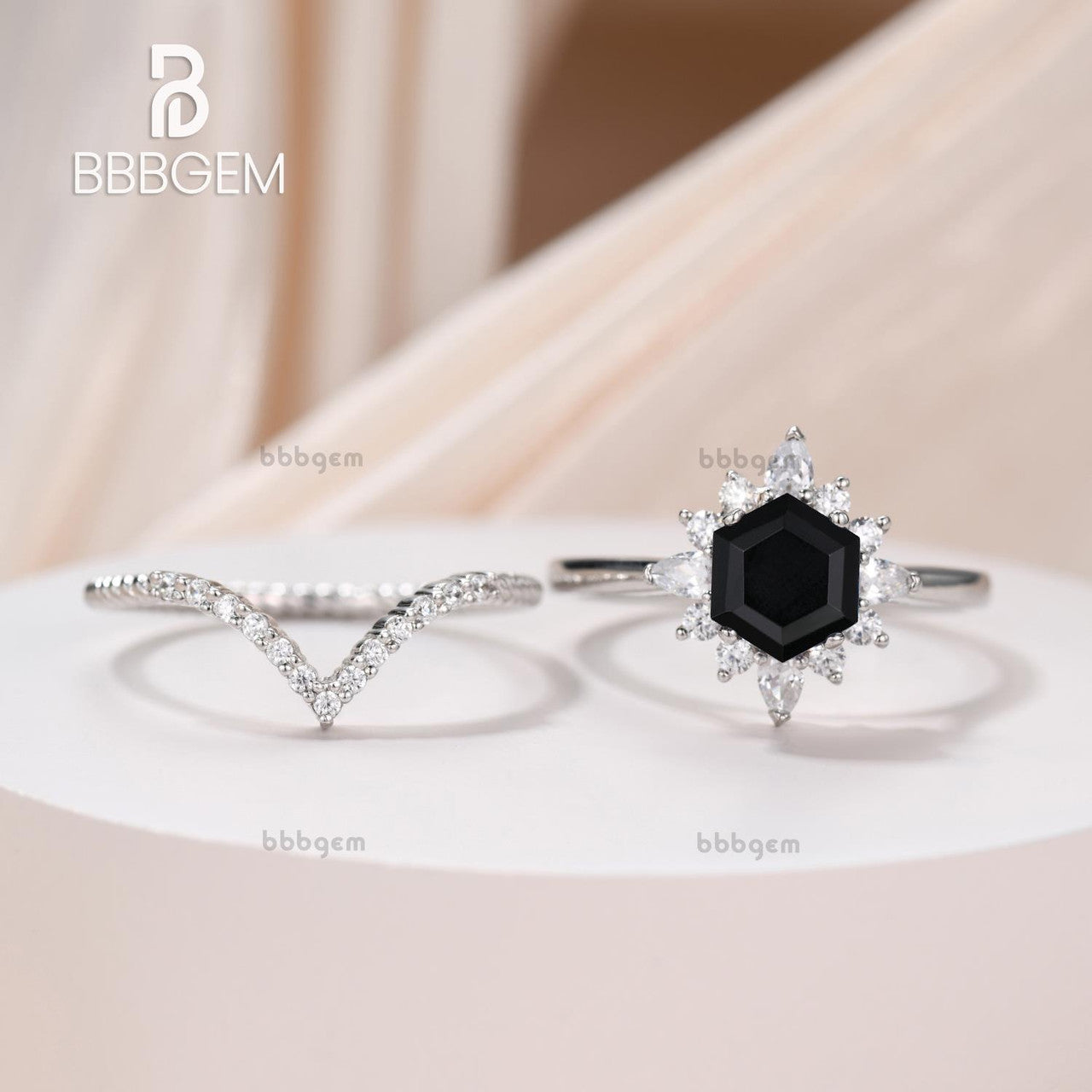 Hexgon Black Spinel Silver Ring Set White Gold Curved Elongated Rope Diamond Ring Hexagon Cut Black Onyx Jewelry 