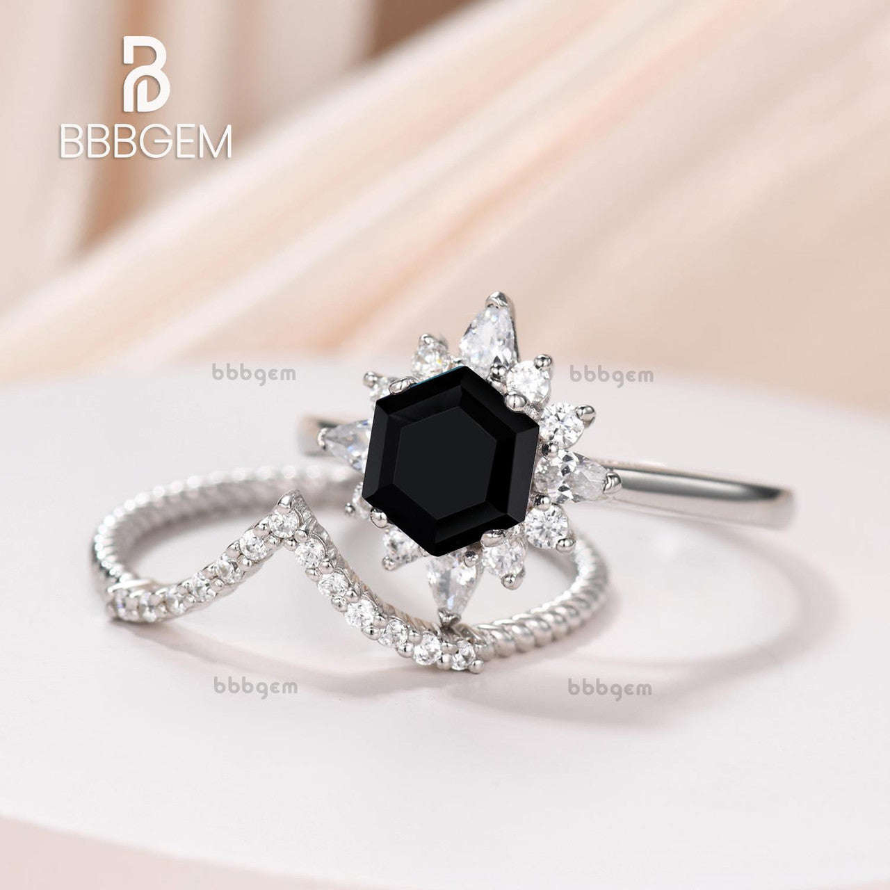 Hexgon Black Spinel Silver Ring Set White Gold Curved Elongated Rope Diamond Ring Hexagon Cut Black Onyx Jewelry 