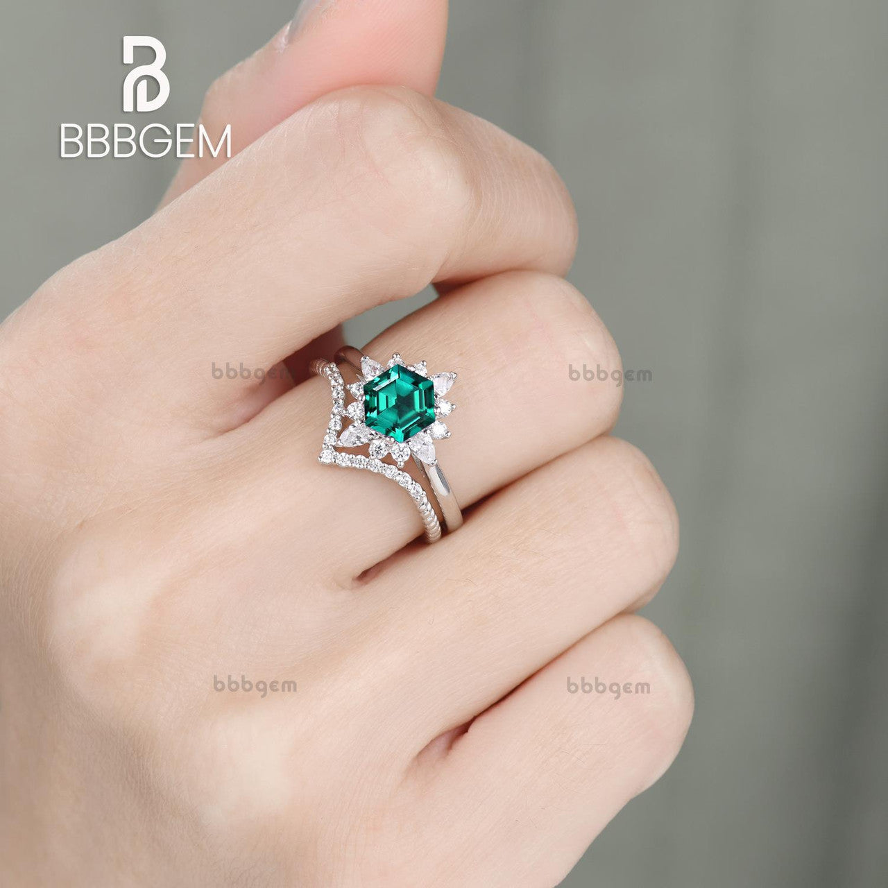 Hexgon Lab Emerald Silver Ring Set White Gold Curved Elongated Rope Diamond Ring Hexagon Cut Emerald Jewelry