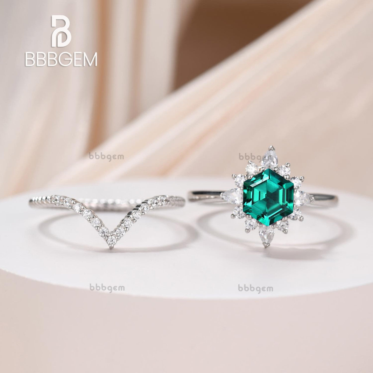 Hexgon Lab Emerald Silver Ring Set White Gold Curved Elongated Rope Diamond Ring Hexagon Cut Emerald Jewelry