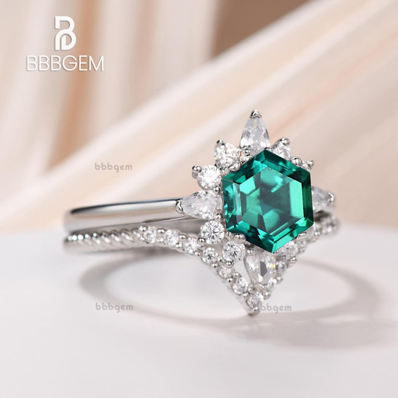 Hexgon Lab Emerald Silver Ring Set White Gold Curved Elongated Rope Diamond Ring Hexagon Cut Emerald Jewelry