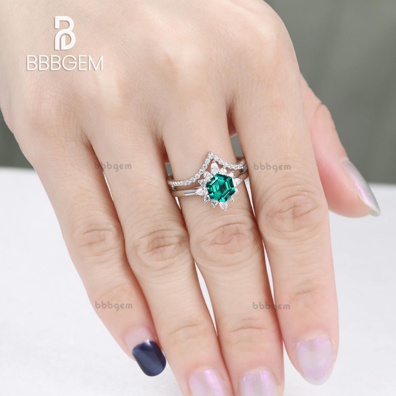 Hexgon Lab Emerald Silver Ring Set White Gold Curved Elongated Rope Diamond Ring Hexagon Cut Emerald Jewelry