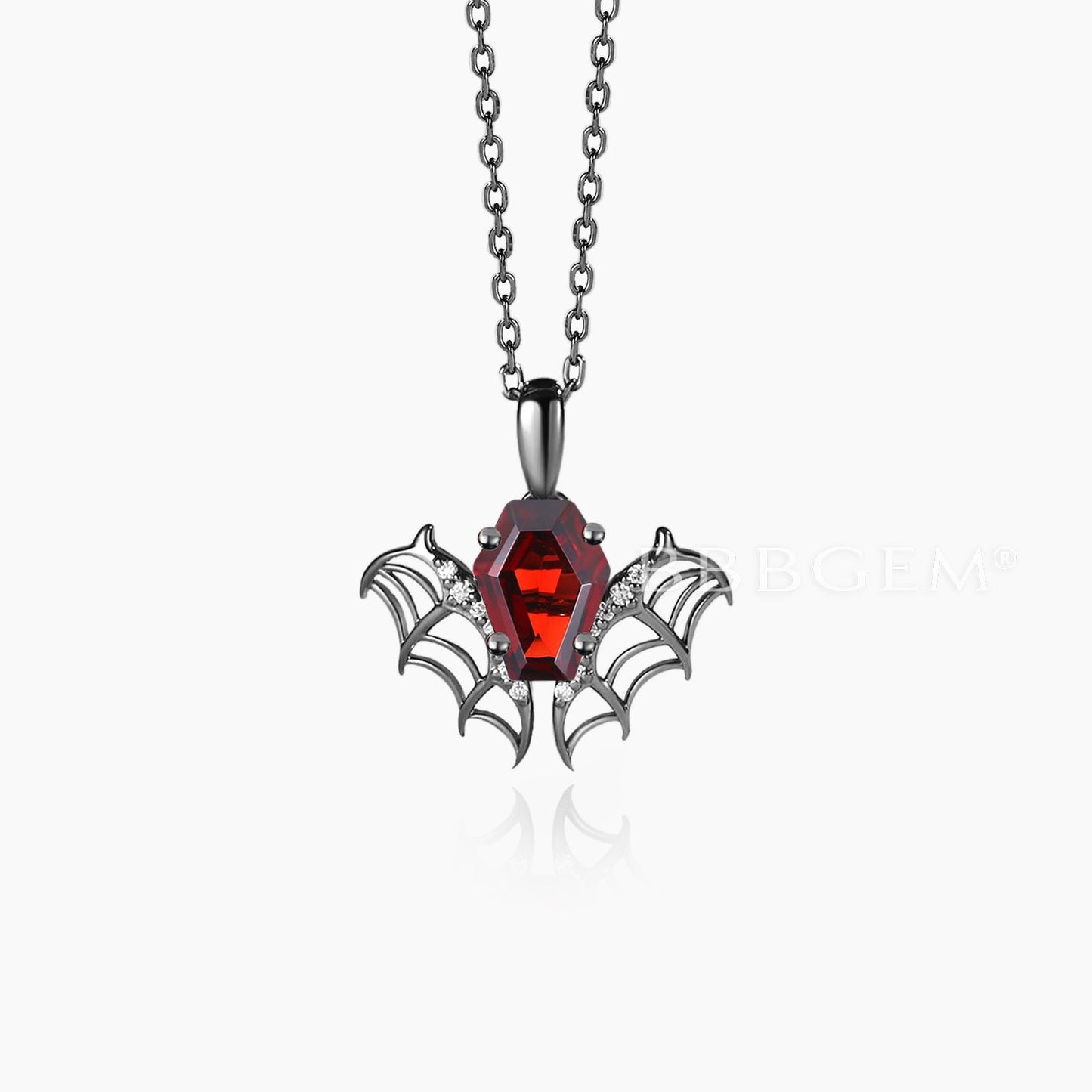 Coffin Cut Natural Garnet Pendant Black Red Gemstone Gothic Bat Necklace