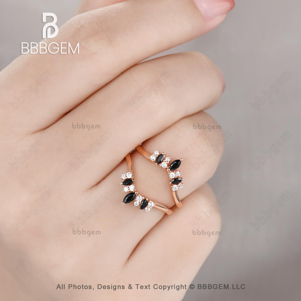 Marquise & Round Cut Black Onyx Diamond Chevron Enhancer Wedding Band Unique Rose Gold Curved Spinel Diamond Ring Enhancer-BBBGEM Women Band