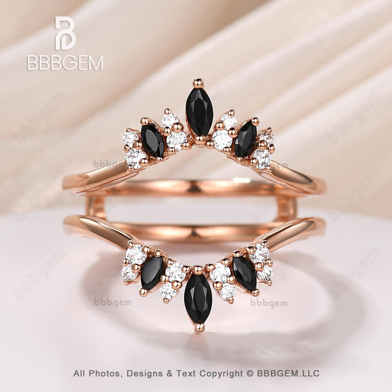 Marquise & Round Cut Black Onyx Diamond Chevron Enhancer Wedding Band Unique Rose Gold Curved Spinel Diamond Ring Enhancer-BBBGEM Women Band