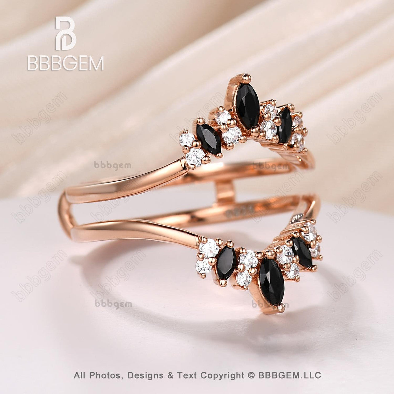 Marquise & Round Cut Black Onyx Diamond Chevron Enhancer Wedding Band Unique Rose Gold Curved Spinel Diamond Ring Enhancer-BBBGEM Women Band