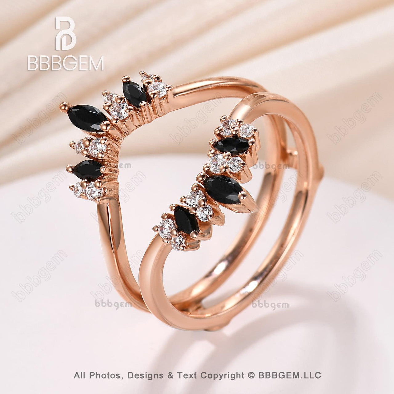 Marquise & Round Cut Black Onyx Diamond Chevron Enhancer Wedding Band Unique Rose Gold Curved Spinel Diamond Ring Enhancer-BBBGEM Women Band