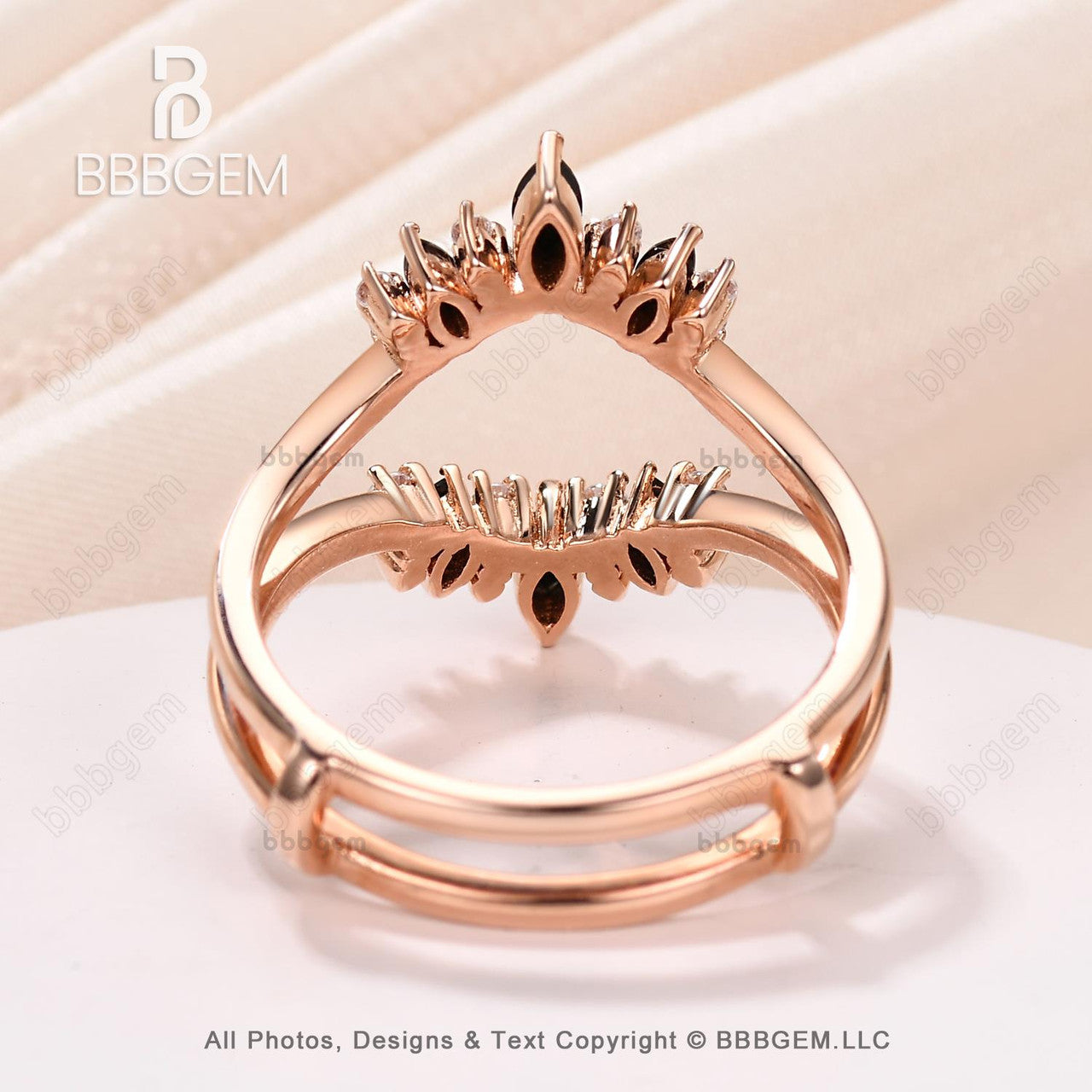 Marquise & Round Cut Black Onyx Diamond Chevron Enhancer Wedding Band Unique Rose Gold Curved Spinel Diamond Ring Enhancer-BBBGEM Women Band