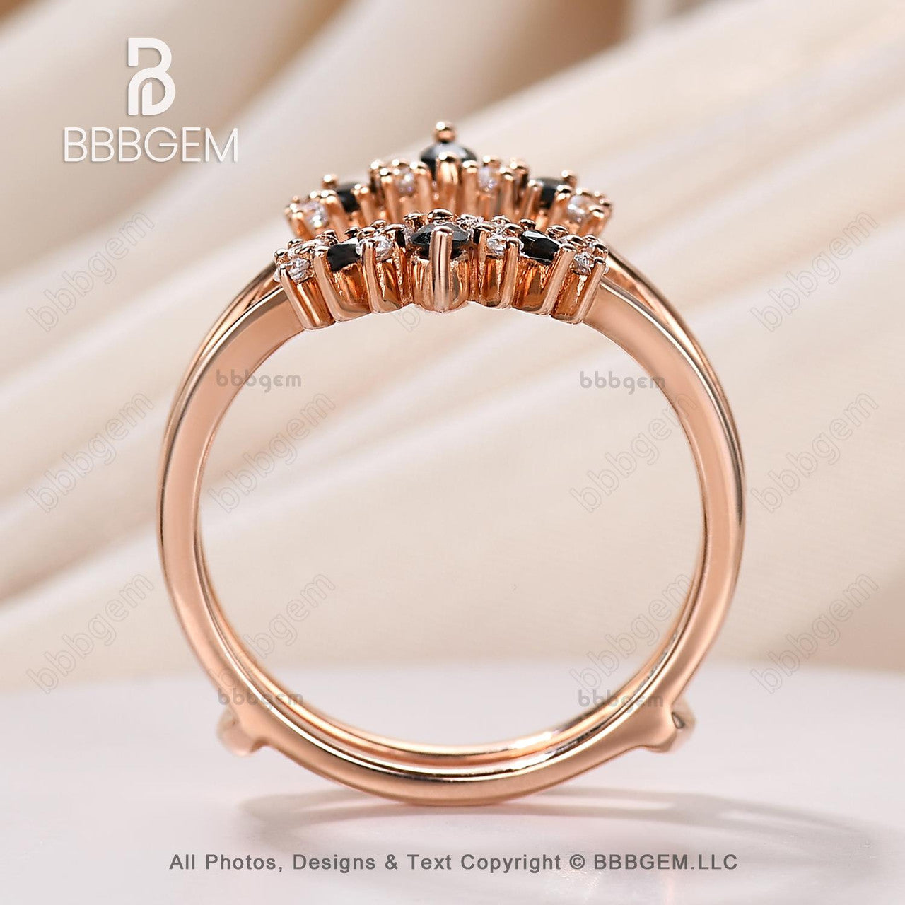 Marquise & Round Cut Black Onyx Diamond Chevron Enhancer Wedding Band Unique Rose Gold Curved Spinel Diamond Ring Enhancer-BBBGEM Women Band