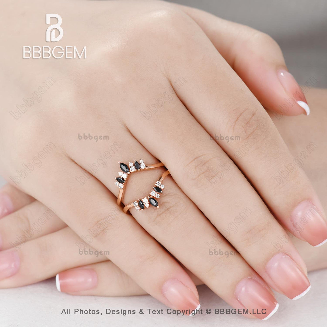 Marquise & Round Cut Black Onyx Diamond Chevron Enhancer Wedding Band Unique Rose Gold Curved Spinel Diamond Ring Enhancer-BBBGEM Women Band