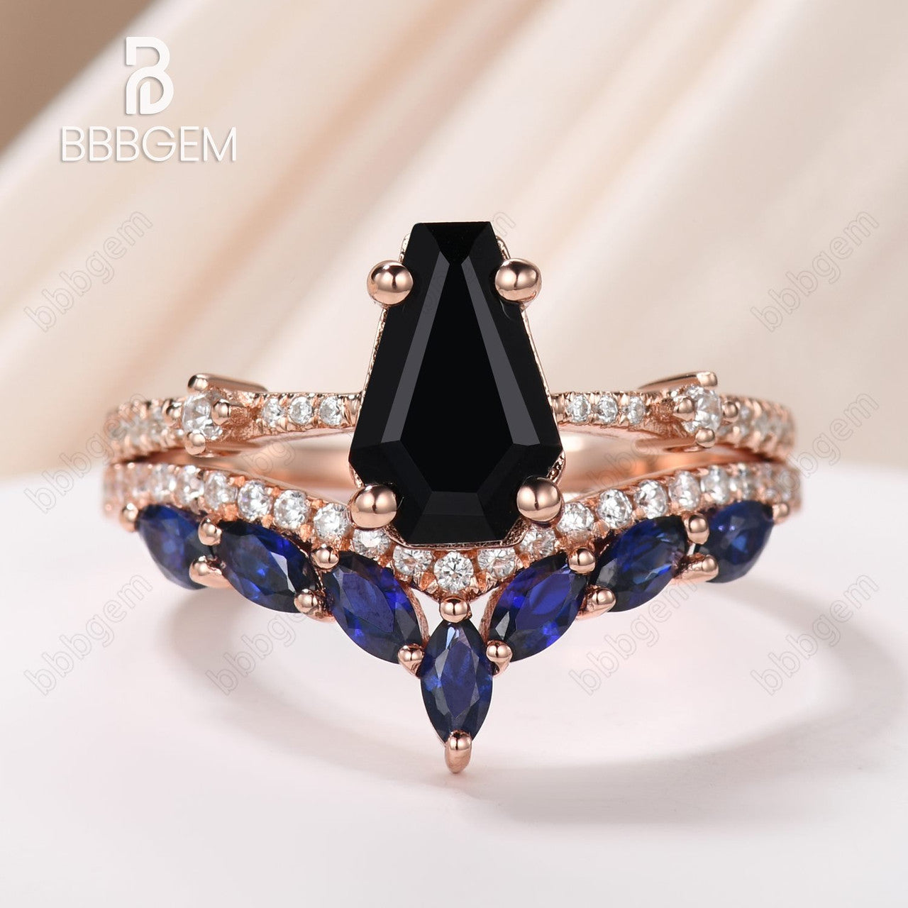 Onyx Coffin Ring Set Rose Gold-Black Onyx Coffin Ring Dainty Ring Set 2pcs-Coffin Shaped Black Onyx Engagement Ring Set-Art Deco Black Onyx Bridal Promise Ring Set For Women 