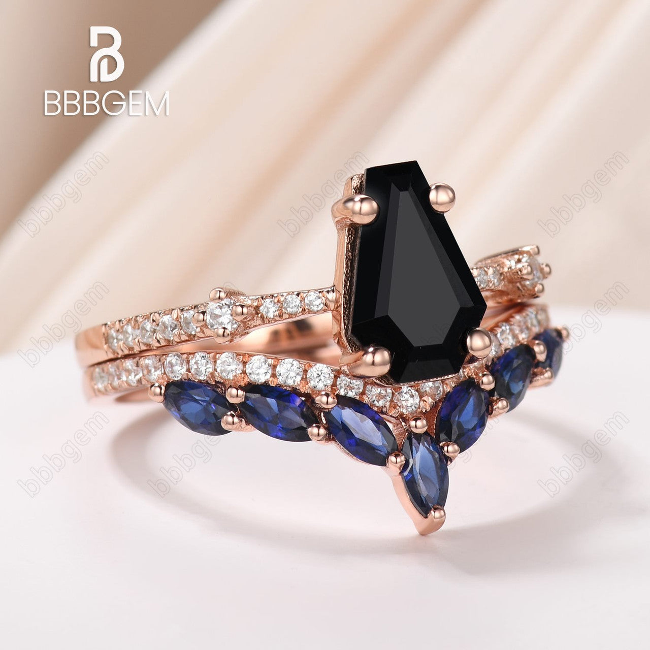 Onyx Coffin Ring Set Rose Gold-Black Onyx Coffin Ring Dainty Ring Set 2pcs-Coffin Shaped Black Onyx Engagement Ring Set-Art Deco Black Onyx Bridal Promise Ring Set For Women 