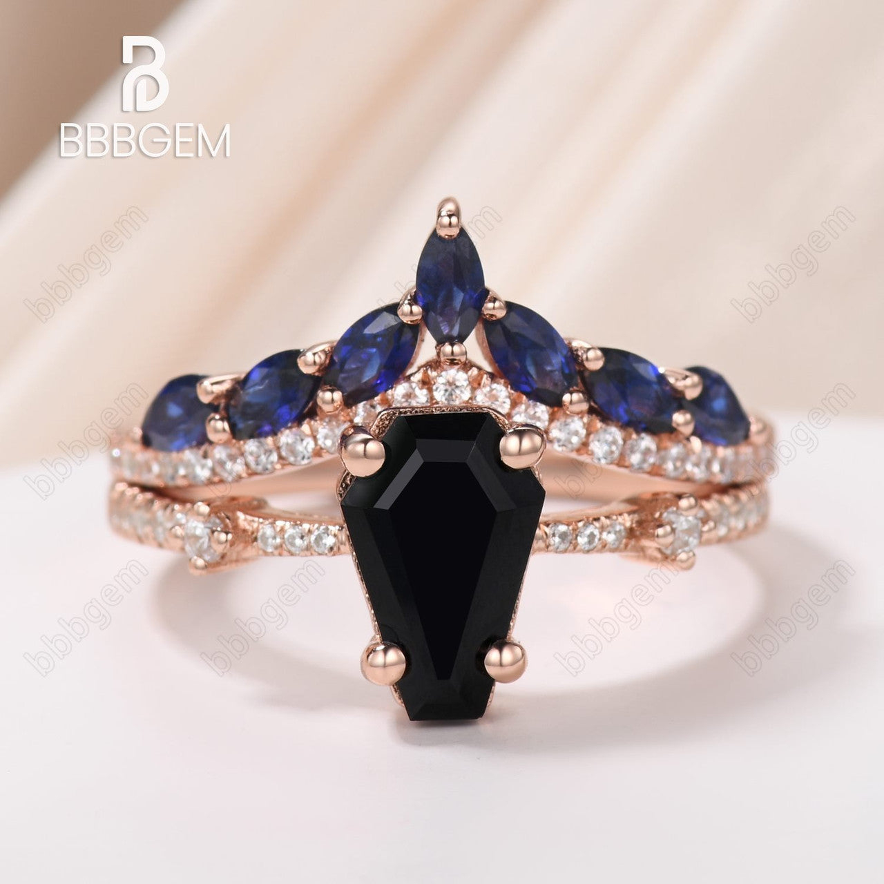 Onyx Coffin Ring Set Rose Gold-Black Onyx Coffin Ring Dainty Ring Set 2pcs-Coffin Shaped Black Onyx Engagement Ring Set-Art Deco Black Onyx Bridal Promise Ring Set For Women 