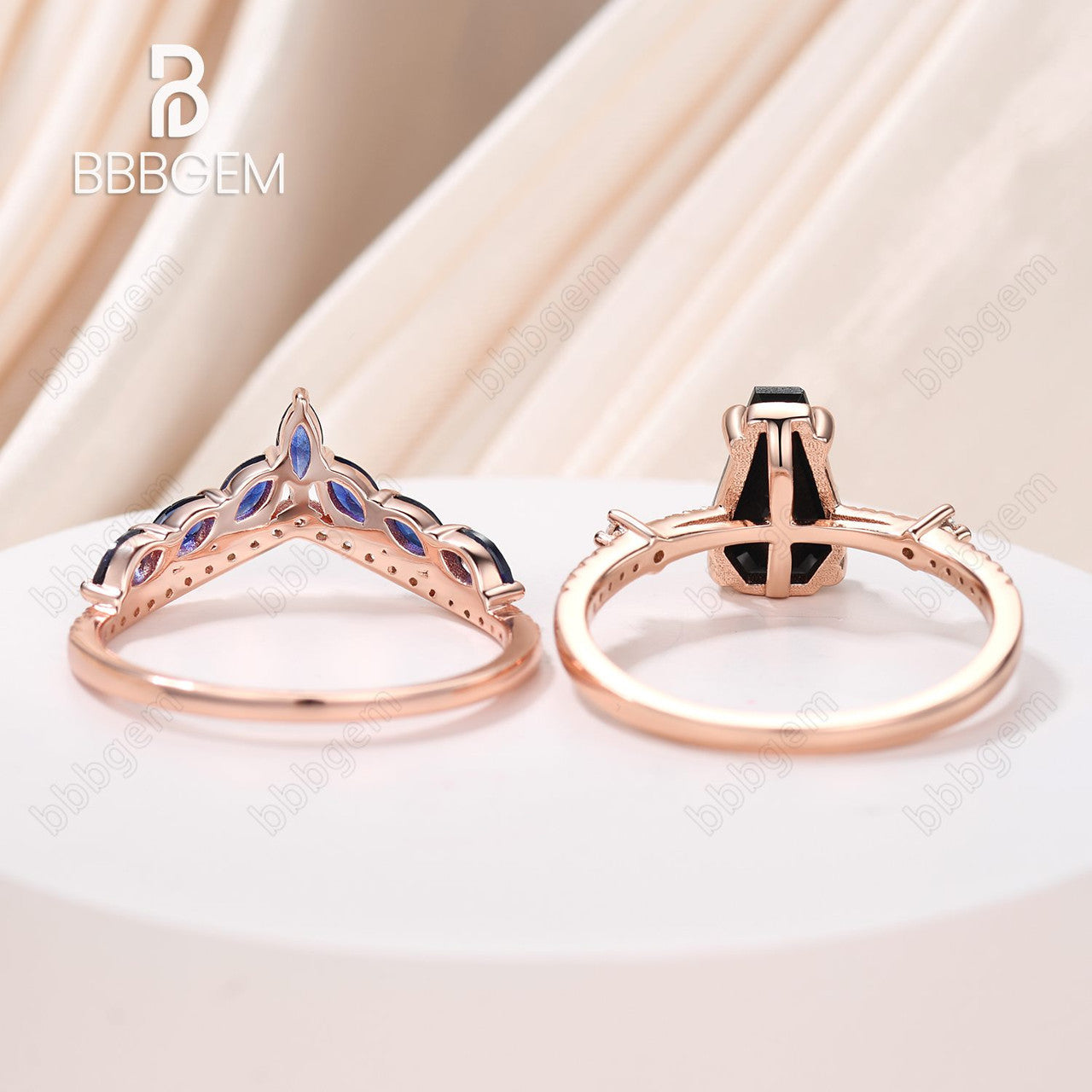 Onyx Coffin Ring Set Rose Gold-Black Onyx Coffin Ring Dainty Ring Set 2pcs-Coffin Shaped Black Onyx Engagement Ring Set-Art Deco Black Onyx Bridal Promise Ring Set For Women 
