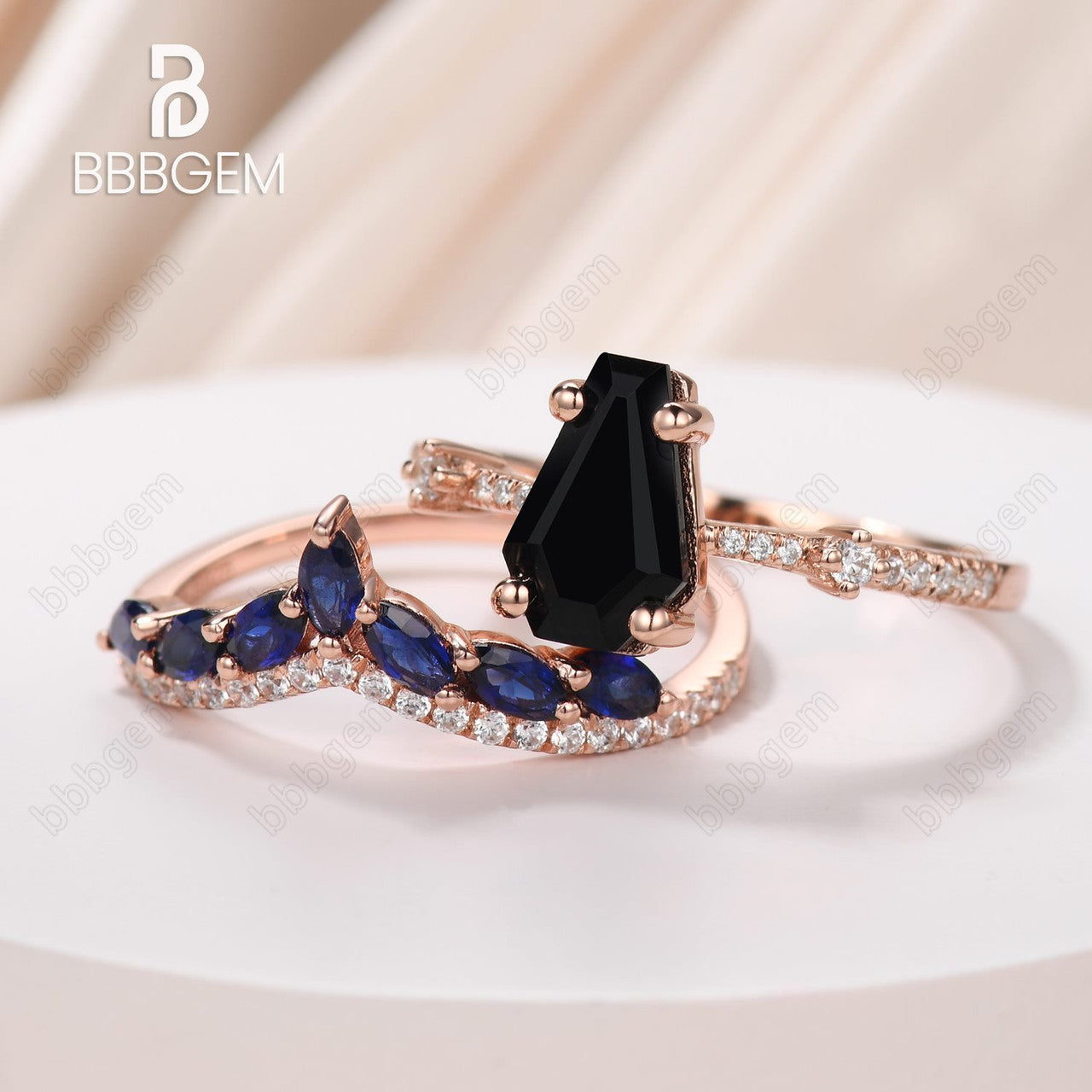 Onyx Coffin Ring Set Rose Gold-Black Onyx Coffin Ring Dainty Ring Set 2pcs-Coffin Shaped Black Onyx Engagement Ring Set-Art Deco Black Onyx Bridal Promise Ring Set For Women 