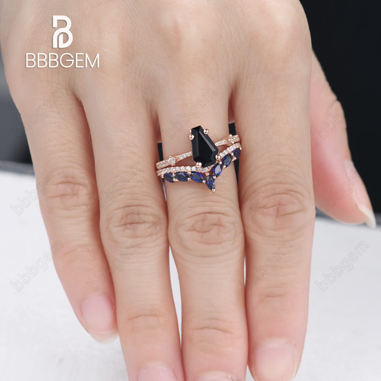 Onyx Coffin Ring Set Rose Gold-Black Onyx Coffin Ring Dainty Ring Set 2pcs-Coffin Shaped Black Onyx Engagement Ring Set-Art Deco Black Onyx Bridal Promise Ring Set For Women 