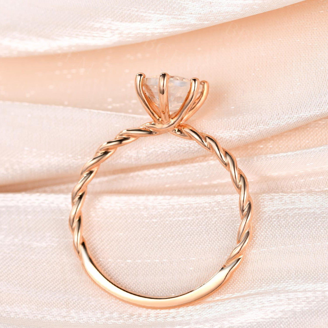 Oval Natural Moonstone Engagement Ring Rope Band 14k Rose Gold-Solitaire Moonstone Wedding Ring-BBBGEM Jewelry