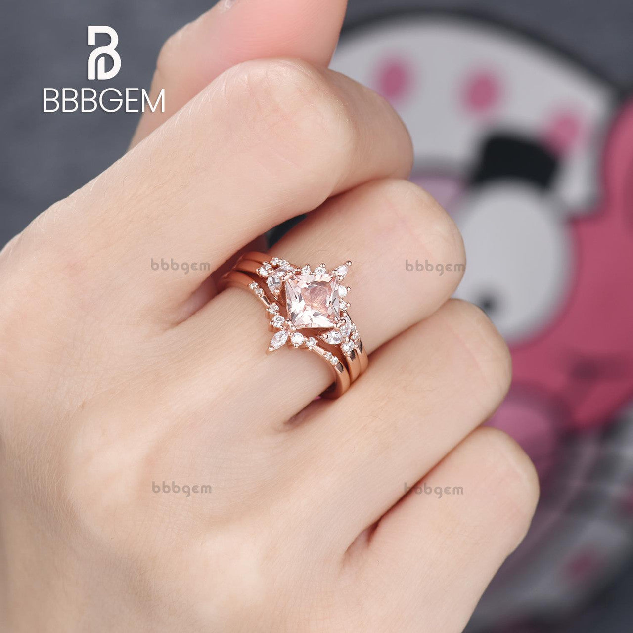 Princess Cut Morganite Engagement Ring Set with Enhancer Band-2pcs enhancer band morganite princess cut leaf bridal ring-bbbgem