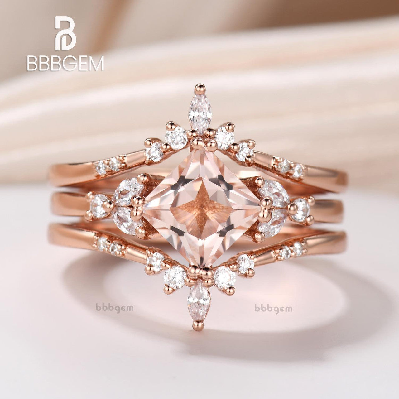 Princess Cut Morganite Engagement Ring Set with Enhancer Band-2pcs enhancer band morganite princess cut leaf bridal ring-bbbgem