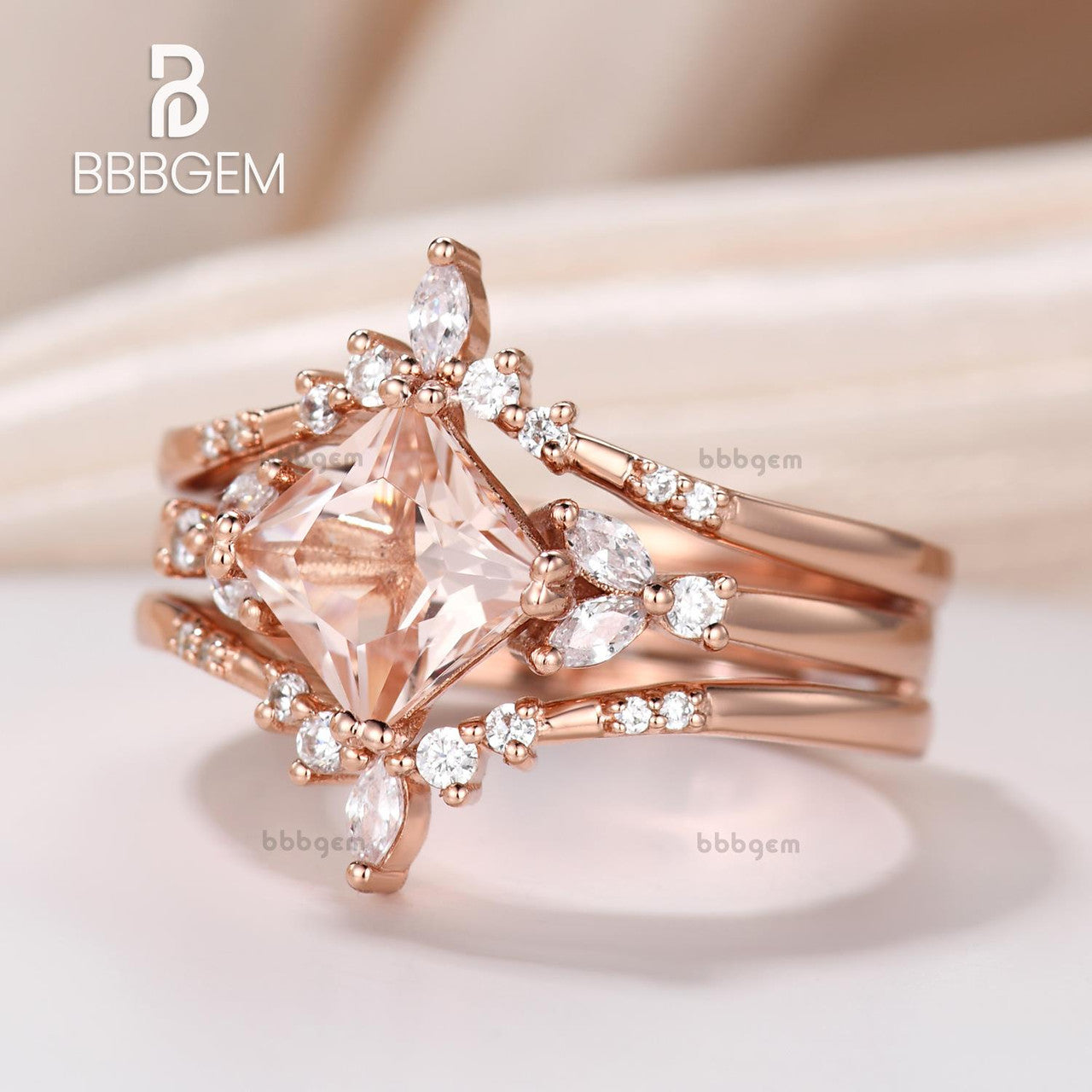 Princess Cut Morganite Engagement Ring Set with Enhancer Band-2pcs enhancer band morganite princess cut leaf bridal ring-bbbgem