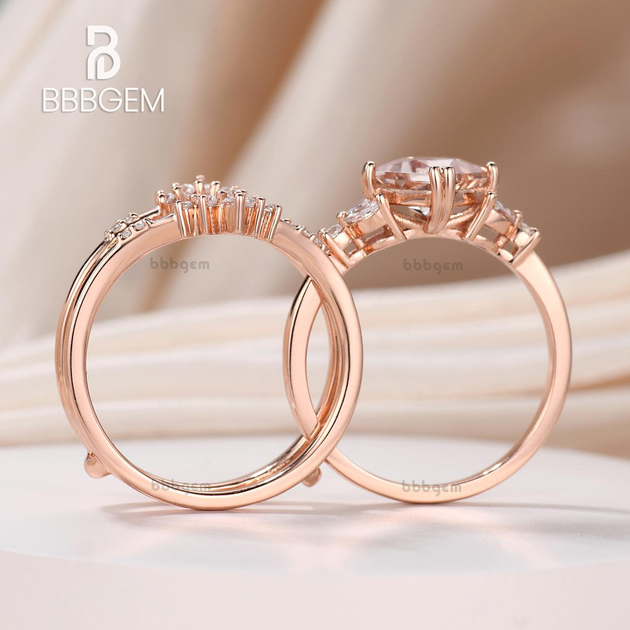 Princess Cut Morganite Engagement Ring Set with Enhancer Band-2pcs enhancer band morganite princess cut leaf bridal ring-bbbgem
