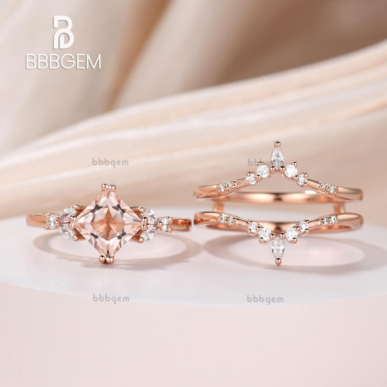 Princess Cut Morganite Engagement Ring Set with Enhancer Band-2pcs enhancer band morganite princess cut leaf bridal ring-bbbgem