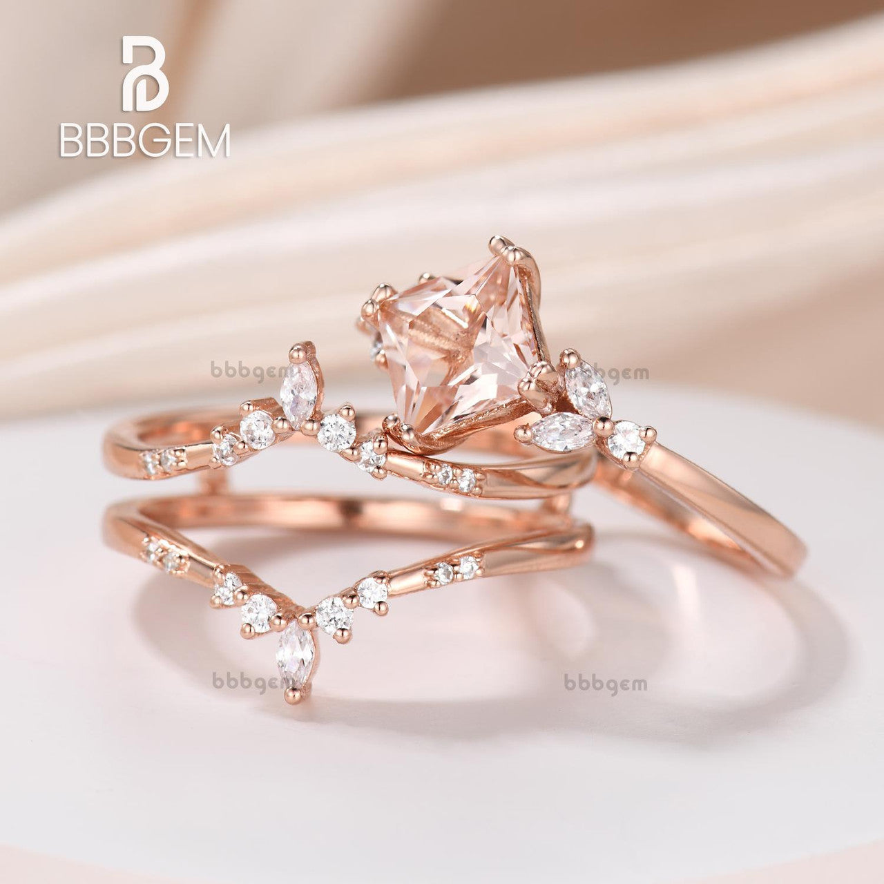 Princess Cut Morganite Engagement Ring Set with Enhancer Band-2pcs enhancer band morganite princess cut leaf bridal ring-bbbgem