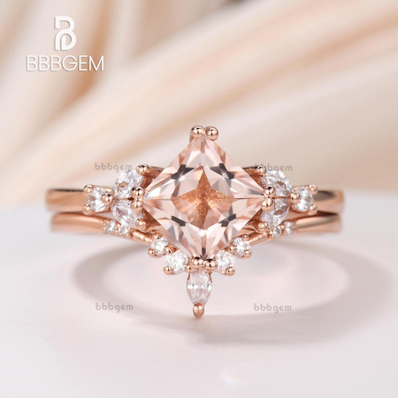 Princess Cut Peach Morganite Engagement Ring Rose Gold Unique Woman Diamond Bridal Ring-bbbgem women jewelry