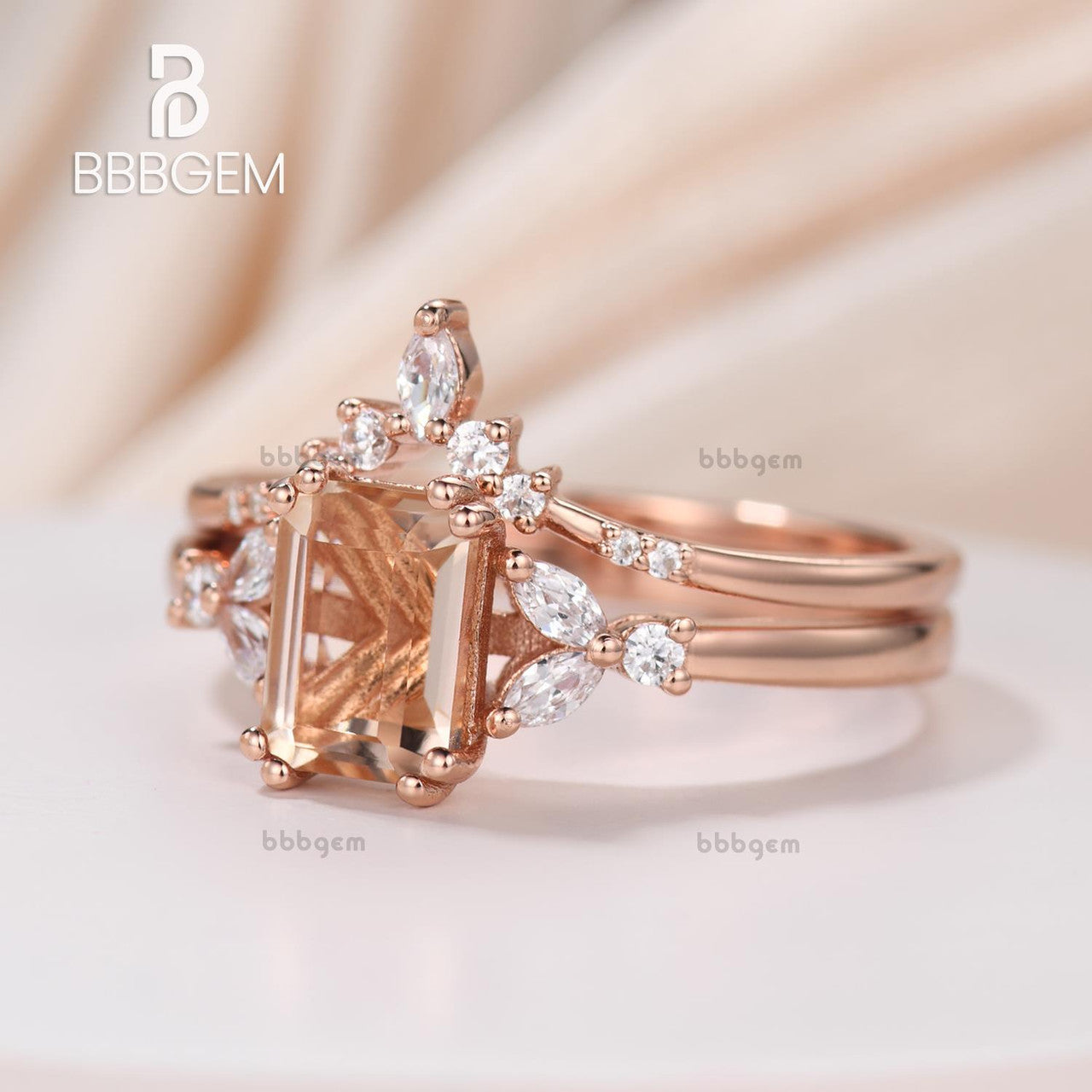 Rose Gold Emerald Shape Morgantie Sidestones Ring Set-Emerald Cut Natural Morganite Wedding Ring Set Diamond Nesting Band-bbbgem women bridal ring