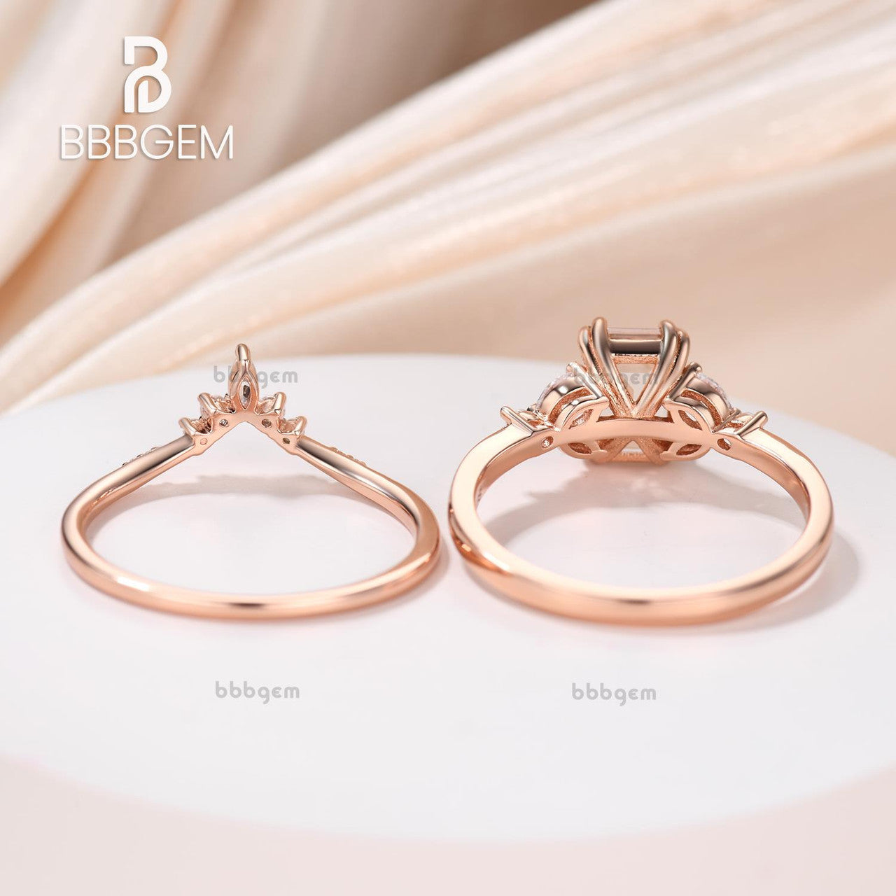 Rose Gold Emerald Shape Morgantie Sidestones Ring Set-Emerald Cut Natural Morganite Wedding Ring Set Diamond Nesting Band-bbbgem women bridal ring