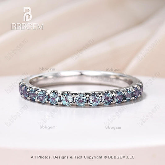 Round Cut Lab Alexandrite band/14k white gold/Stackable bridal wedding band/Full Eternity Ring/Petite pave anniversary ring/Prongs Set