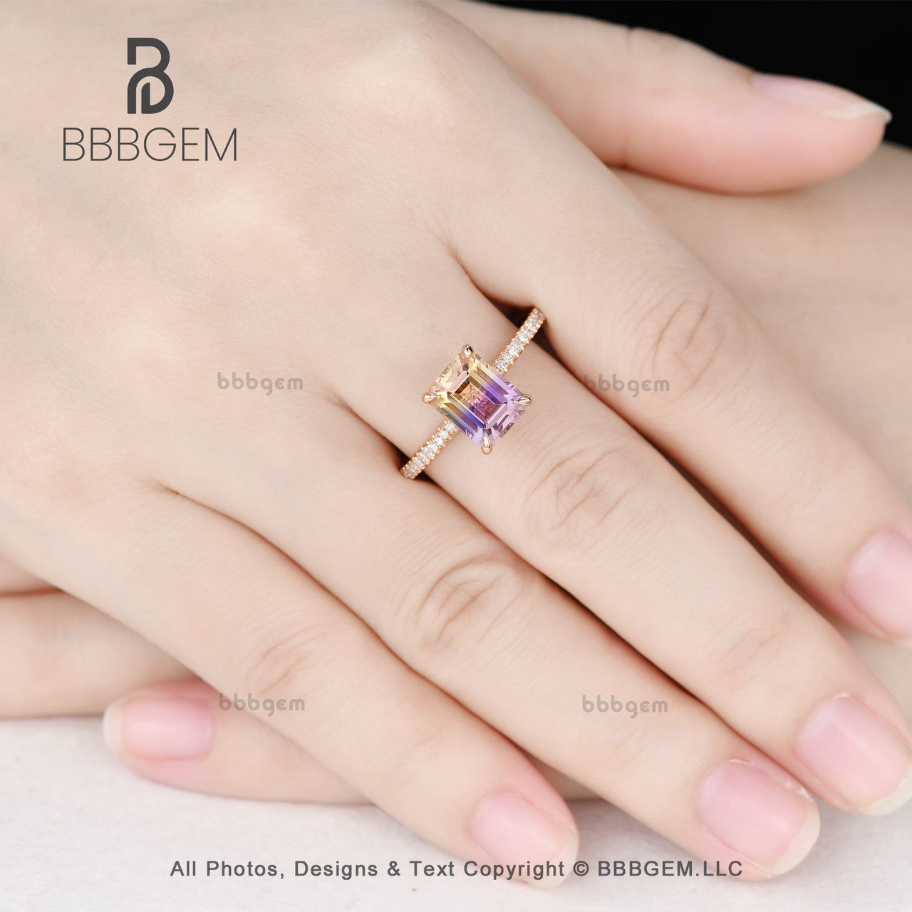 Solitaire Ametrine Ring Prongs Set 14k Rose Gold Emerald Cut Amethyst Ametrine Ring Valentine Gift for Her Simple Everyday Ring