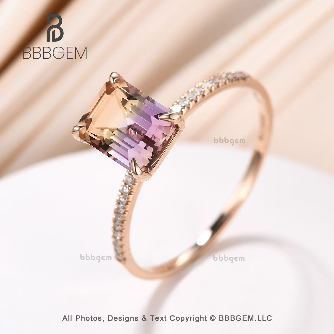 Solitaire Ametrine Ring, Prongs set ring, 14k rose gold, Emerald cut Ametrine ring, Valentine Gift for her, Simple everyday ring 