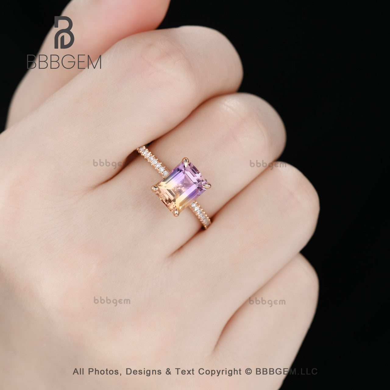 Solitaire Ametrine Ring, Prongs set ring, 14k rose gold, Emerald cut Ametrine ring, Valentine Gift for her, Simple everyday ring 