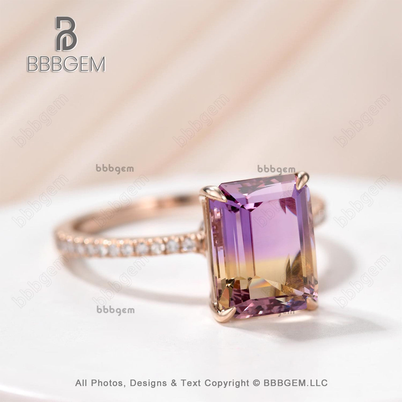 Solitaire Ametrine Ring, Prongs set ring, 14k rose gold, Emerald cut Ametrine ring, Valentine Gift for her, Simple everyday ring 
