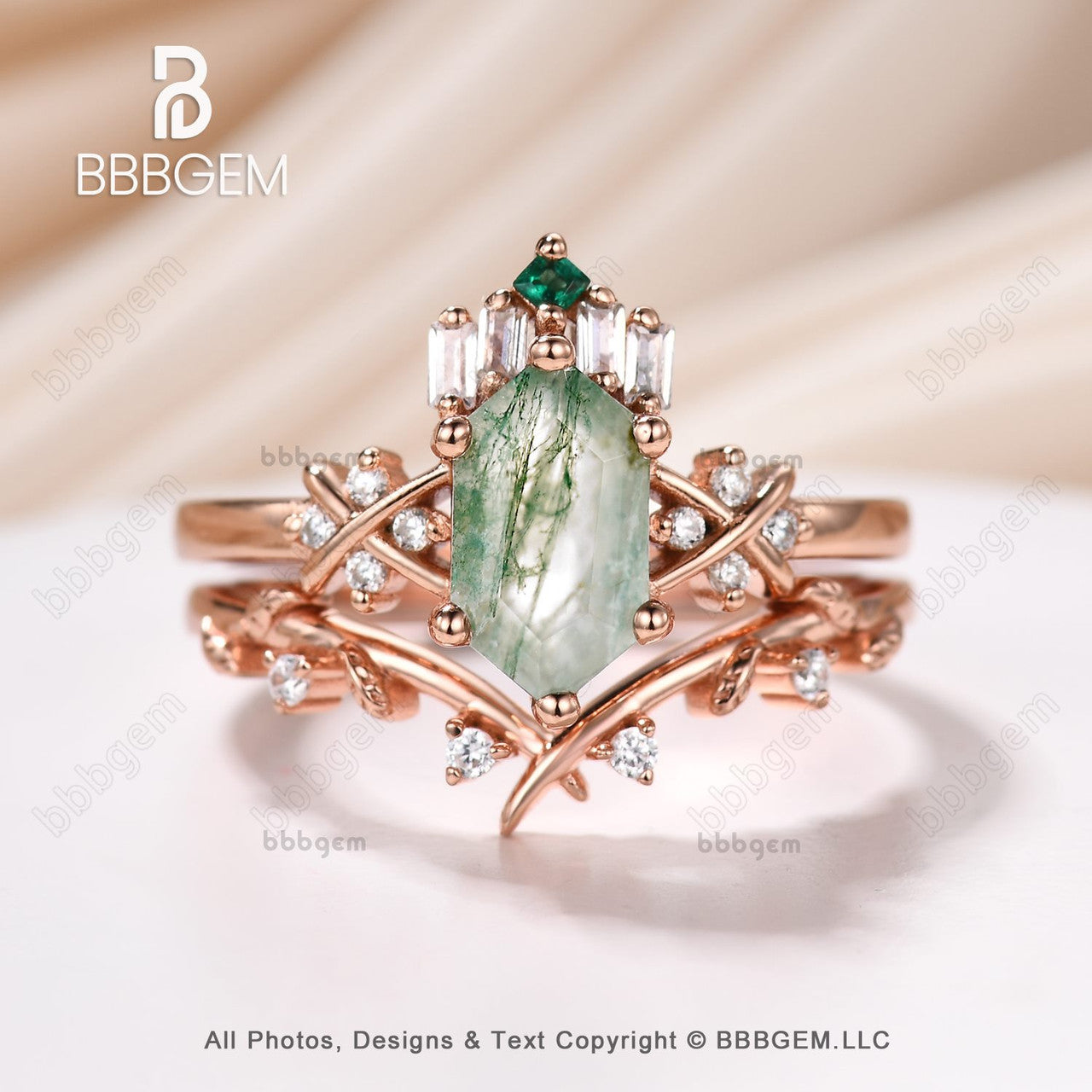 Unique Long Hexagon Cut Moss Agate Bridal Ring Set-Art Deco Long Hexagon Moss Agate Wedding Ring Set-bbbgem (4)