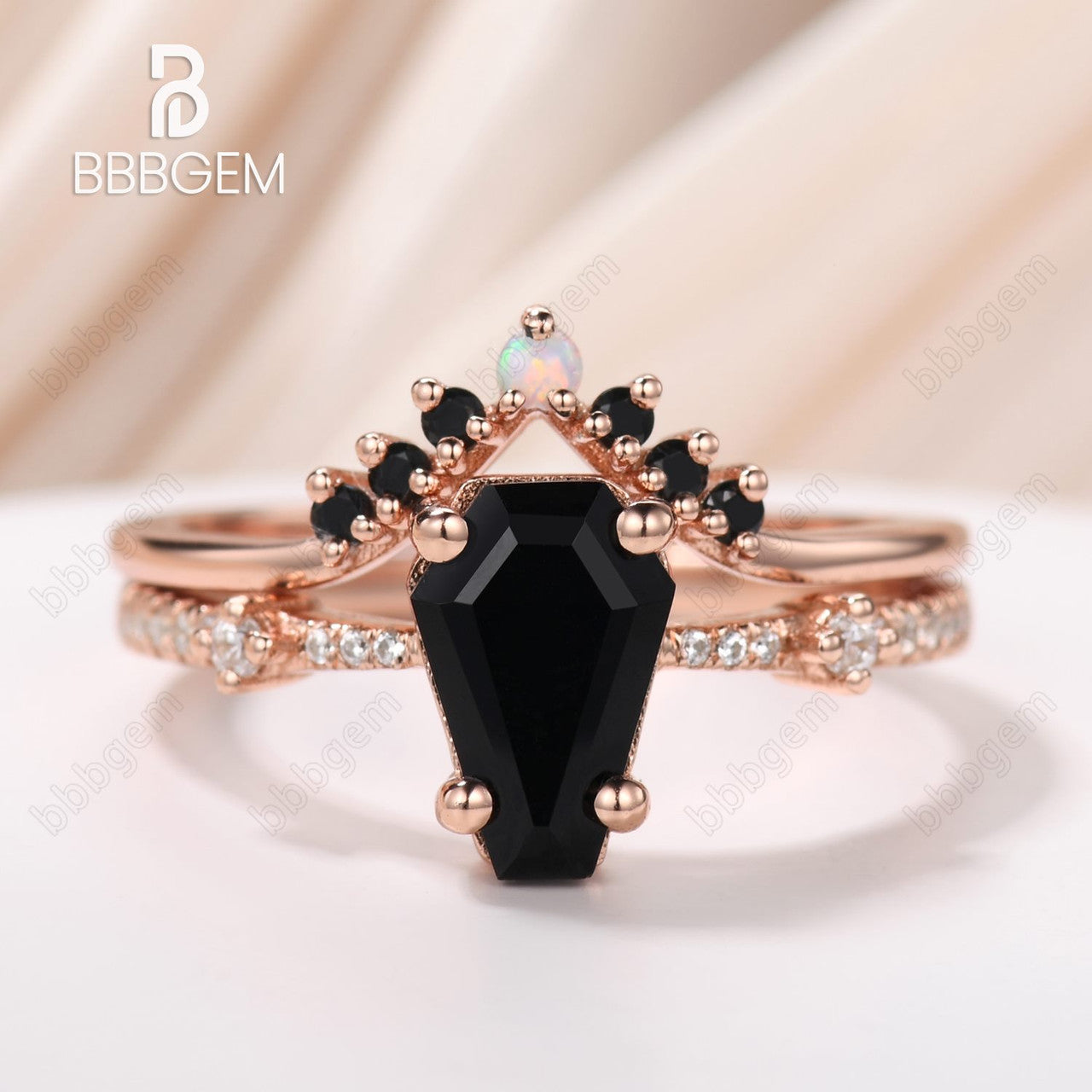 Vintage Coffin Cut Black Onyx Engagement Ring Set with Balck Spinel Opal Nesting Band-witch ring set-Goth Black Ring Set-bbbgem coffin jewelry