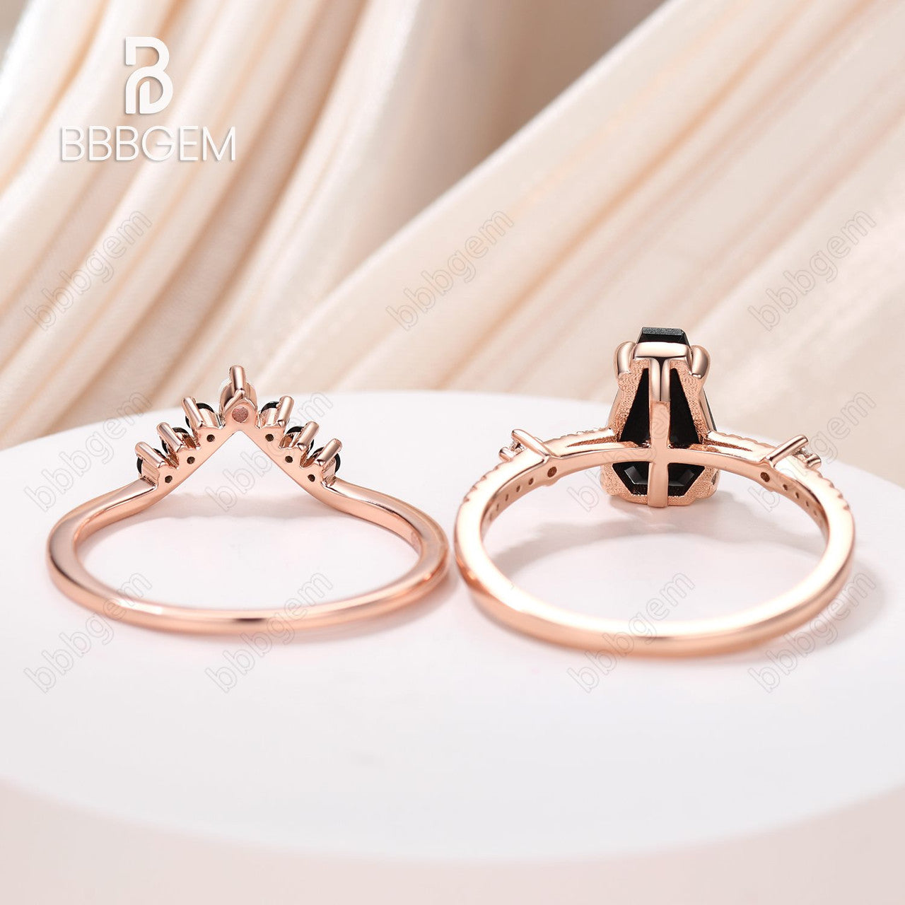 Vintage Coffin Cut Black Onyx Engagement Ring Set with Balck Spinel Opal Nesting Band-witch ring set-Goth Black Ring Set-bbbgem coffin jewelry