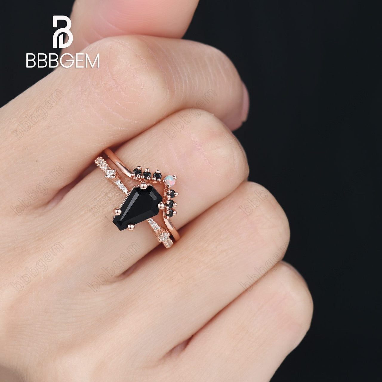 Vintage Coffin Cut Black Onyx Engagement Ring Set with Balck Spinel Opal Nesting Band-witch ring set-Goth Black Ring Set-bbbgem coffin jewelry